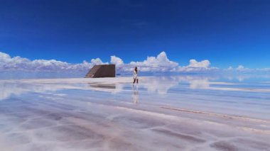 Bir kadın, Bolivya 'daki geniş Salar de Uyuni tuz düzlüklerinde yürür, yansıması, berrak mavi bir gökyüzünün altındaki sığ suda aynalanır..