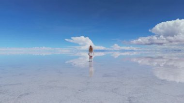 Bir kadın, Bolivya 'daki geniş Salar de Uyuni tuz düzlüklerinde yürür, yansıması, berrak mavi bir gökyüzünün altındaki sığ suda aynalanır..