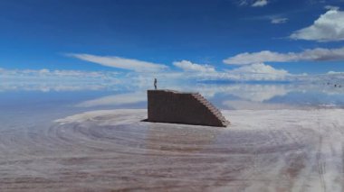 Bolivya 'da geniş bir tuz düzlüğünün ortasında tuğla bir merdivende duran bir kadın, su yüzeyinde gökyüzünün çarpıcı bir yansımasıyla....