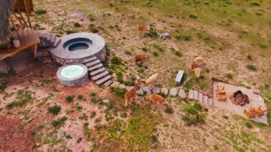 Peru 'da sakin bir çöl manzarasının havadan görünüşü, jakuziler ve ateş çukurunun yakınında lamaların otladığı bir yer..