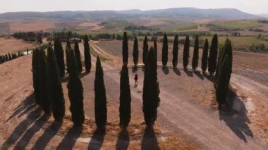 Dairesel Cypress Ağaçlı İtalyan Kırsalının Hava Görünümü.