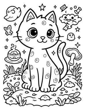 Lekeli ve tuhaf bir geçmişi olan ayrıntılı kedi çizgisi sanatı. Boyama terapisi için büyüleyici mistik kedi karakteri.