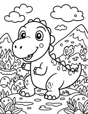 Boyama kitabı sayfası için mutlu T-Rex bebek dinozor çizimi sevimli çizgi film tarzı volkan manzarası.