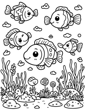 Çocuklar için siyah-beyaz taslak boyama kitabı dört farklı tatlı çizgi film tropikal balık deniz tabanında yüzüyor kayalar ve bitkiler