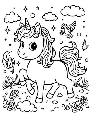 Uçan yelesi ve kuyruğu olan, bulutlar, yıldızlar ve küçük kuşlarla çevrili tuhaf tek boynuzlu at. Çocuklar için kaprisli fantezi illüstrasyonu.