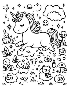 Sevimli tek boynuzlu at, gözleri huzur içinde kapalı, sevimli hayvanlar, bitkiler ve göksel elementlerle dolu büyülü bir ormanda koşuyor.