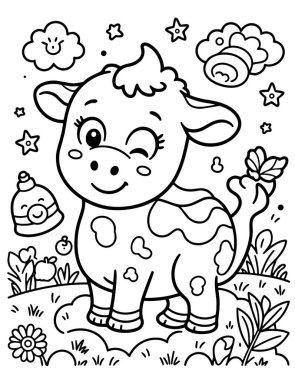 Çiçekler ve elmayla bir tarlada göz kırpan sevimli bir bebek inek. Şirin çiftlik hayvanı, siyah beyaz çizgi sanatı..