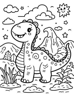 Çocuk boyama sayfası eğlencesi için çizim şablonu çizimi için mutlu çizgi film dinozor çizimi.