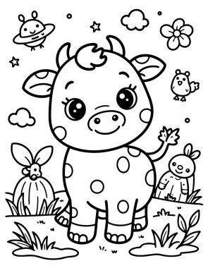 Tarz verilmiş çimenlerin arasında duran sevimli yavru. Küçük uçan daire kuşu ve çiftlik sahnesinin etrafındaki tavşan oyuncakları.