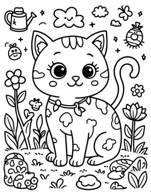 Canlı bir bahçe sahnesinde, çiçeklerin açtığı ve böceklerin arkadaş canlısı olduğu sevimli kedi çizimi.