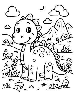 Sevimli Sauropod bebek dinozor çizimi boyama kitabı için şirin çizgi film doğa ana hatları.