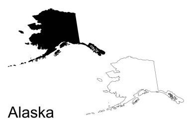 Alaska eyaletinin iki haritası, bir siyah siluet ve beyaz bir arka planda sunulan ince siyah çizgiler..