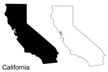 Kaliforniya eyaletinin iki ana hatları, bir siyah siluet ve bir beyaz ana hatlı, altında 