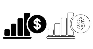 Beyaz arka planda iki farklı yan yana sunulur. Soldaki, yükselen bir çubuk grafiği gösteren koyu siyah bir siluet. Yanında da bir dolar işareti olan dairesel bir bozuk para. Sağ taraf......
