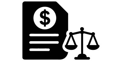 Bir dolar işareti ve şeffaf bir arkaplanda izole edilmiş adalet terazisine sahip finansal bir belgeye sahip siyah ve beyaz simge