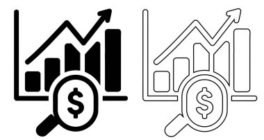 Şeffaf bir arka planda izole edilmiş bir dolar işaretini vurgulayan bir büyüteçle finansal büyüme analizi tablosunun siyah ve beyaz çizimi.