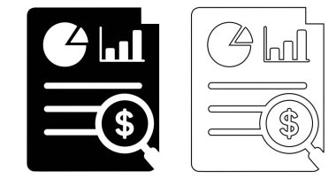 Şeffaf bir arkaplanda izole edilmiş turta grafikleri ve bir dolar üzerindeki büyüteç içeren bir mali raporun siyah beyaz çizimi