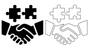 Şeffaf bir arkaplanda izole edilmiş takım çalışmasını ve işbirliğini temsil eden bulmaca parçalarıyla el sıkışma tasviri