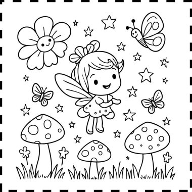 Kanatlı şirin bir çizgi film perisi sihirli bir bahçede uçuyor. Etrafı kelebekler, benekli mantarlar, çiçekler ve yıldızlarla çevrilidir. Sahne kaprisli ve büyüleyici, siyah ve beyaz renklendirme için tasvir edilmiş..