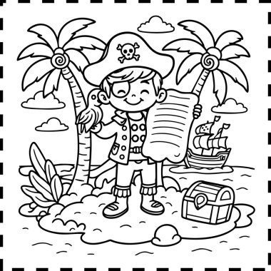 Tropikal bir adada yaşayan mutlu bir korsan çocuğun canlı siyah beyaz tasviri. Üzerinde kafatası ve çapraz kemikleri olan bir korsan şapkası, bir göz bandı ve omzunda bir hazine haritası ve bir papağan tutan bir korsan kıyafeti var. Arka bahçede.