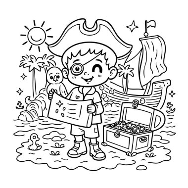 Bu maceraperest siyah beyaz çizim, elinde bir hazine haritası tutan ve altın sikkelerle dolu açık bir hazine sandığının yanında duran sevimli bir korsan çocuğu tasvir ediyor. Üzerinde papağan tünemiş bir korsan şapkası ve göz bandı takıyor.