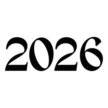 2026 sayısı, siyah bir arkaplan üzerinde büyük, koyu gri bir serif yazı tipi ile gösterilir. Yazdırma ve dijital ortam için uygun ölçeklenebilir vektör biçimi.