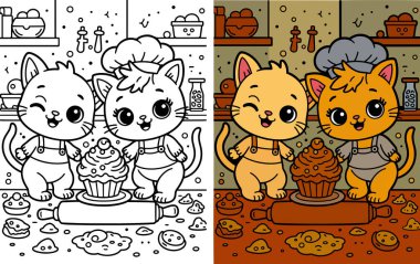 Şirin kedi fırıncıları gururla tatlı pişmiş yiyeceklerini sergiliyorlar, büyüleyici çizgi film kedileri mutfak eğlencesinin tadını çıkarıyorlar.