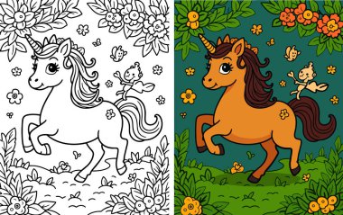 Büyülü tek boynuzlu at ve çiçeklerle, kelebeklerle ve çocuklar için tuhaf elementlerle çevrili gür ormanda küçük bir peri.