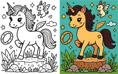 Fantezi orman manzarası. Kanatlı büyülü boynuzlu yaratık. Dekoratif doğa elementleri ve parlayan yıldızlar sahnesi.