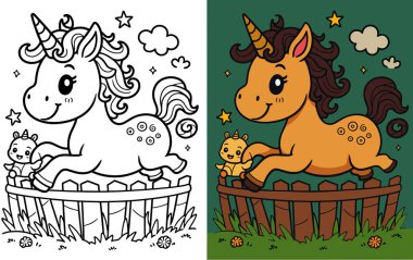 Aksiyon fantezi sahnesi. Çiftlik bahçesinde boynuzlu at zıplıyor. Çocuklar için yaratıcı çizgi sanatı eğlence ve öğrenme.