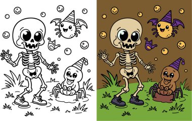 Spor ayakkabılı sevimli bir iskelet. Parti şapkası takan iki örümcek ve beyaz arka plan boyama kitabında bir sürü yuvarlak baloncuk..