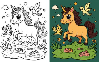 Tuhaf bir fantezi illüstrasyonu. Açık havada boynuzlu at karakteri. Küçük çocuklar için yaratıcı renklendirme etkinliği.