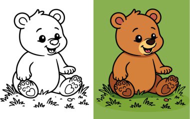 Bahçede oturan küçük tatlı oyuncak ayı, karikatür hayvan çizimi, anaokulu faaliyet sayfası, çizgi çizimi.