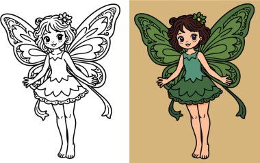 Büyüleyici bir perinin taslağı. Hassas kanatları, kısa kıvırcık saçları ve çiçek süslemeleri olan sihirli bir yaratık. Tatlı bir ifadeyle gülümsüyor ve kollarını açıyor.