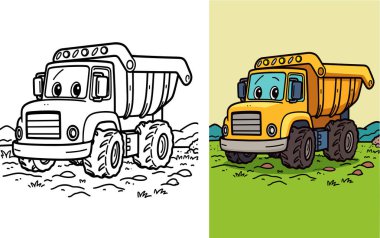 İnşaat alanında gülümseyen sevimli damperli kamyon çocuk kitapları için basit çizgi film çizimleri çocuklar için boyama kitabı sayfası