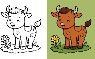 Şirin çiftlik hayvanı, gülen dana, neşeli, siyah beyaz renkli sayfa, kırsal manzara, çiftlik hayvanları.