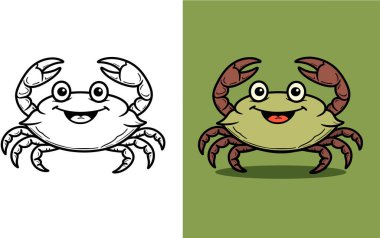 Neşeli karikatür yengeç çizimi. Çocuklar için deniz hayatı boyama kağıdı. Büyük yuvarlak gözlü, kıskacı olan okyanus hayvanı..