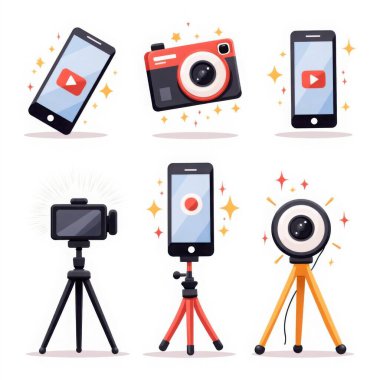 Profesyonel kamera ve webcam simgelerini görüntülemek için cep telefonu da dahil olmak üzere dijital ortam üretim araçları