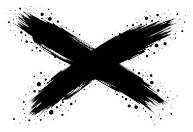 Beyaz arkaplanda siyah grunge fırça izi, dağınık noktalarla dokulu çapraz şekil, vektör grafik ögesi.