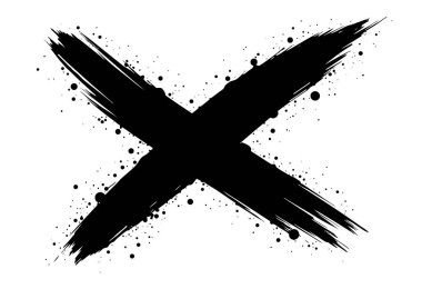 Temiz beyaz bir arkaplanda dinamik mürekkep lekeleri olan soyut siyah grunge X işareti. Vektör illüstrasyonu.