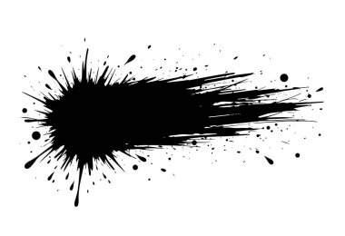 Uzun dinamik çizgiler ve küçük noktalar ile siyah mürekkep sıçrama efekti, beyaz üzerinde izole grafik unsuru.