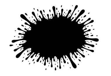 Soyut siyah mürekkep sıçraması ve akışkan ve dinamik şekilli beyaz zemin üzerine izole edilmiş damlalar