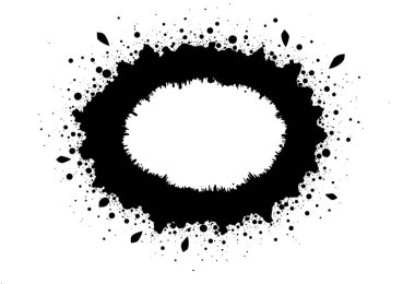 Dağınık noktalar ve beyaz arka plan dinamik şekli üzerine damlayan soyut siyah mürekkep lekesi çerçevesi