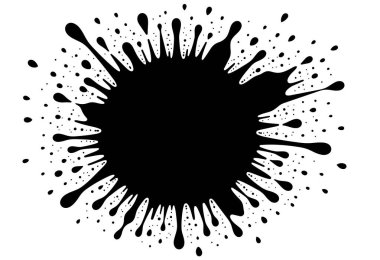 Soyut siyah mürekkep dışa doğru sıçrıyor, beyaz üzerinde çok sayıda küçük damlacıklar, izole tasarım elementleri var..