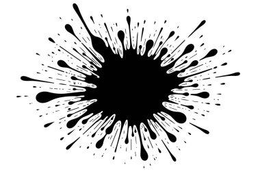 Dinamik siyah sıvı sıçraması. Işıldayan boya damlaları ve sıçramalar. Anlamlı sprey efektli merkezi mürekkep lekesi.