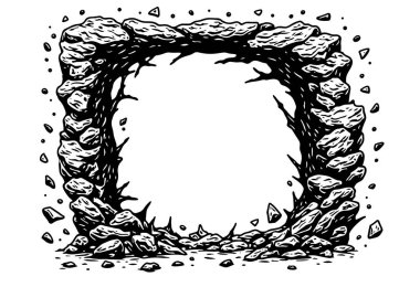 Eski taş kemer yolunun detaylı siyah beyaz çizimi. Yıkılan duvarlar ve uçan döküntüler.