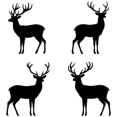 Farklı pozlarda geyik siluetleri koleksiyonu görkemli boynuzlar sergiliyor. Doğa temalı tasarımlar için ideal.