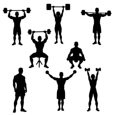 Bir grup siyah siluet insan ağırlık kaldırıyor, egzersiz yapıyor, çeşitli formda pozlar veriyor..