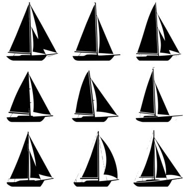 Farklı pozlarda dokuz yelkenli teknesi koleksiyonu, beyaz arkaplanda siyah siluetler, izole grafik elementler.