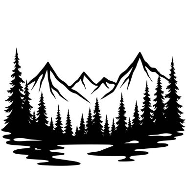 Dağ tepelerinin siyah ve beyaz silueti, çam ağaçları, ve yansıtıcı göl, sakin vahşi doğa ve doğal güzellikleri yakalıyor.